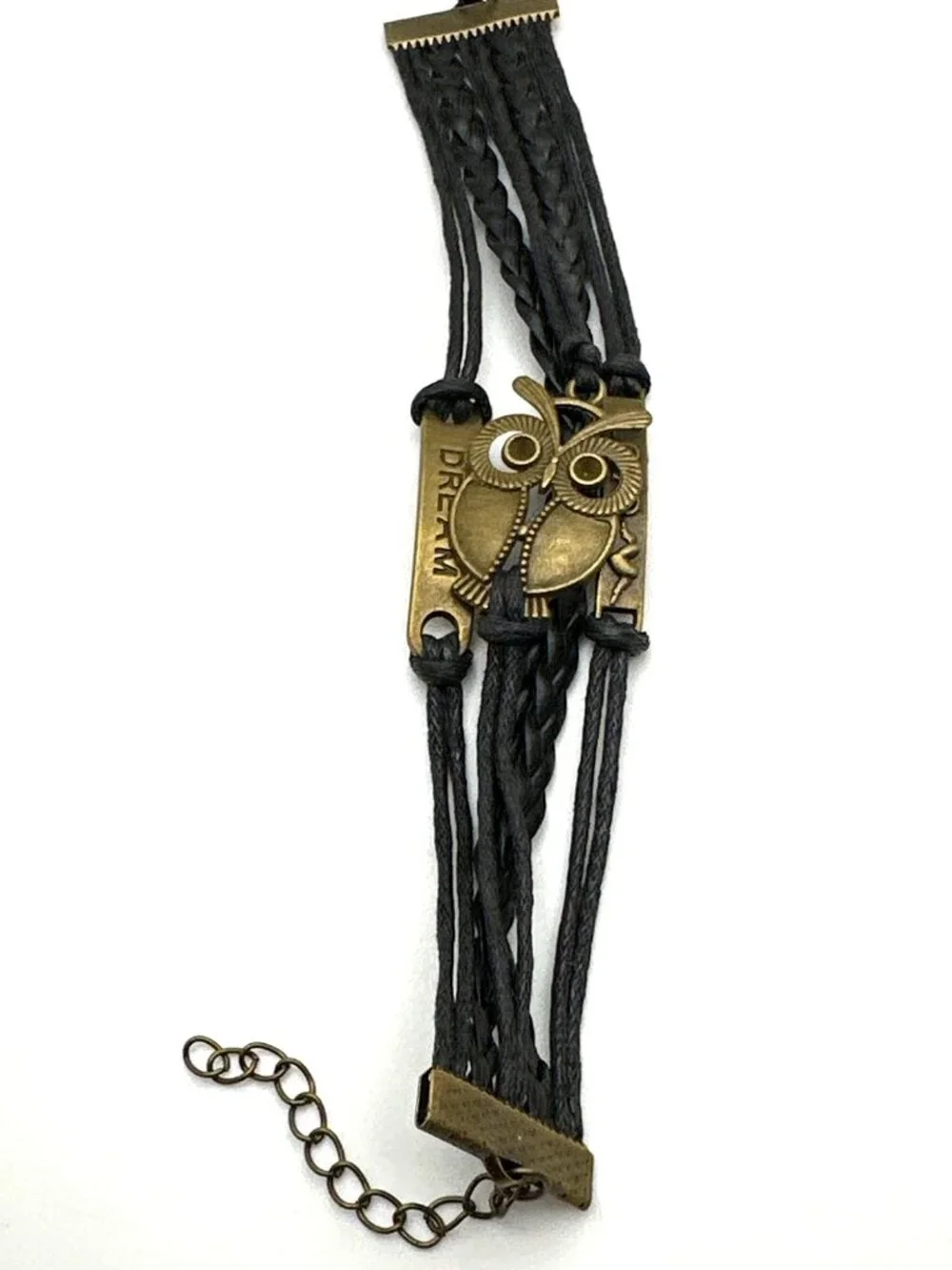 Vintage Owl Charm Black Wrap Bracelet Braided Band